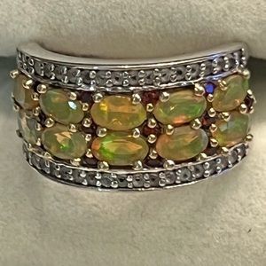 Ethiopian Opal, cz and garnet 925 Sterling Silver band ring size 7